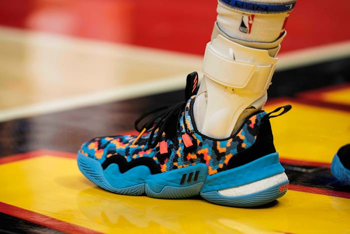 Atlanta Hawks guard Trae Young wears the Adidas Trae Young 'Pixels' sneakers against the Portland Trail Blazers on March 14, 2022.